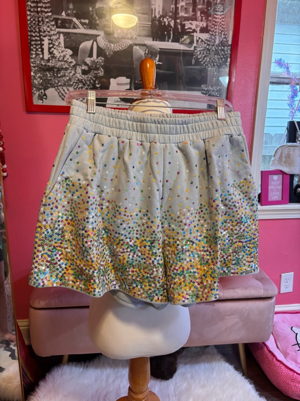QUEEN OF SPARKLES White High-Waist Sequin Embellished Shorts